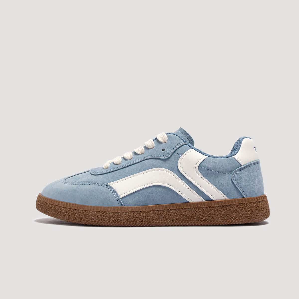 Sky blue and white casual low-top sneaker, outer side view